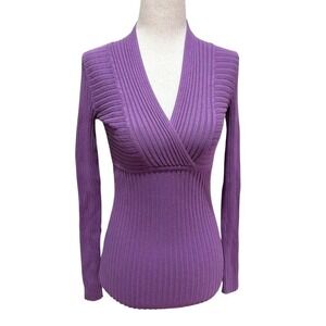 Y2K 2000s Office Siren Purple Ribbed Long Sleeve V neck Sweater Top